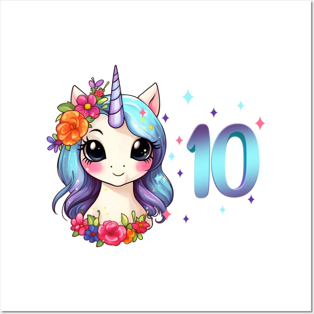 I am 10 with unicorn - girl birthday 10 years old Wall Art by Modern Medieval Design